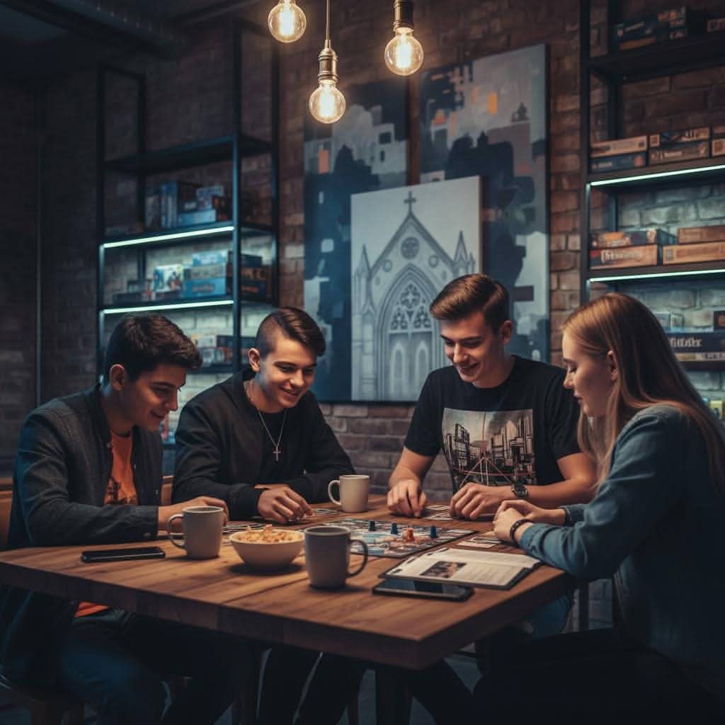Teenagers gathered around a table playing games