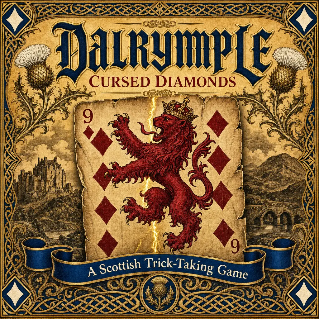 An ornate Dalrymple logo concept with a red Scottish lion over the Nine of Diamonds, surrounded by thistles and a gold Celtic border